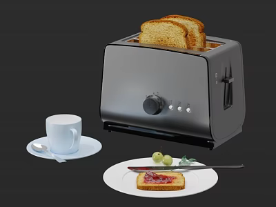 Stylish Stainless Steel Toaster With Fresh Toast Coffee And Fruits On Kitchen Counter 3d model