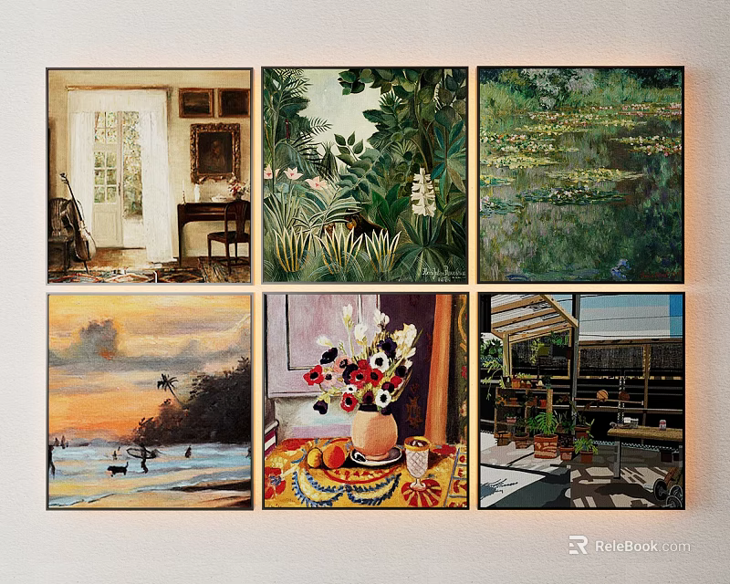 Six Various Theme Paintings Hanging On Wall As Art Collection 3d model 
