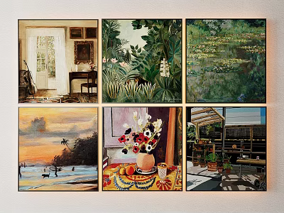 Six Various Theme Paintings Hanging On Wall As Art Collection 3d model