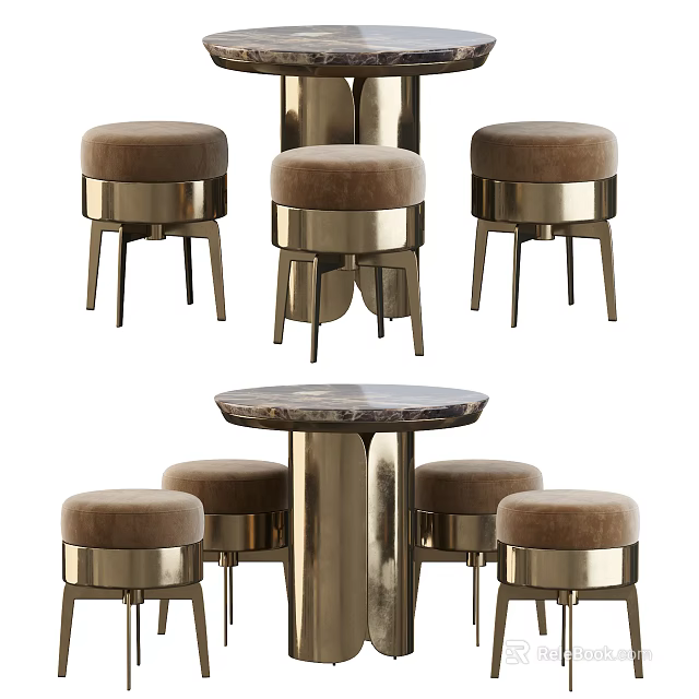Modern Round Marble Top Table with Metal Frame and Brown Padded Stools 3d model