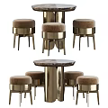 Modern Round Marble Top Table with Metal Frame and Brown Padded Stools 3d model