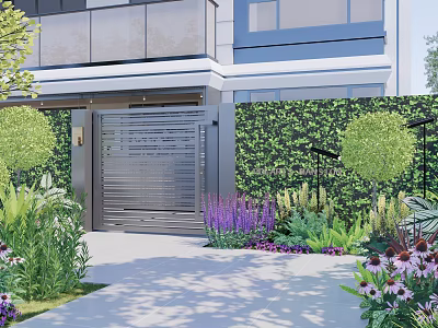 Modern Courtyard Garden With Green Wall and Metal Gate Colorful Flowers And Stone Pathway 3d model