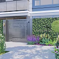 Modern Courtyard Garden With Green Wall and Metal Gate Colorful Flowers And Stone Pathway