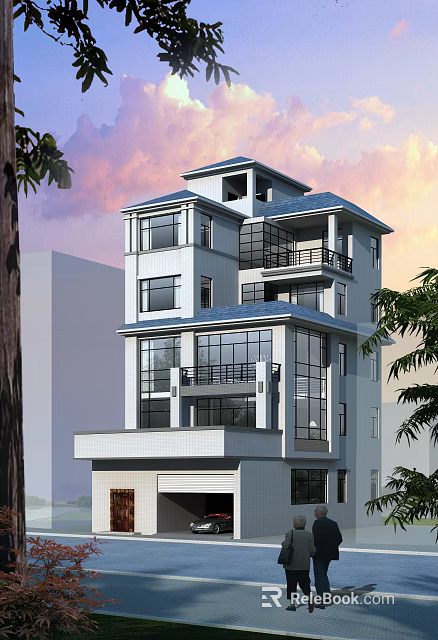 Modern Multi Story Detached Villa With Blue Roof Large Glass Windows Balconies And Sunset Sky 3d model 