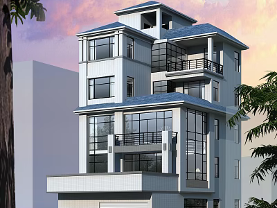 Modern Multi Story Detached Villa With Blue Roof Large Glass Windows Balconies And Sunset Sky 3d model