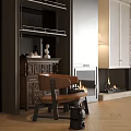 Cozy Interior With Black Walls Fireplaces White Louvered Cabinets Wood Stack And Floor Lamp
