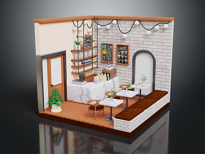 Cozy Cafe Interior Design With Brick Wall Wooden Floor Tables Chairs And Hanging Lights 3d model