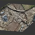 Realistic Broken Ground Model With Colorful Fragments And Green Grass Areas