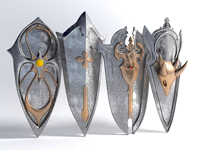 Medieval Shields in Various Designs with Metal Craft Decorative Gemstones Cross and Animal Head 3d model