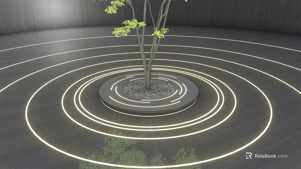 Modern Tree Pit Design With Circular Lighting Lines And Green Tree 3d model 
