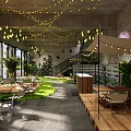 Industrial Style Restaurant Interior With Green Plants Hanging Lights And Wooden Tables