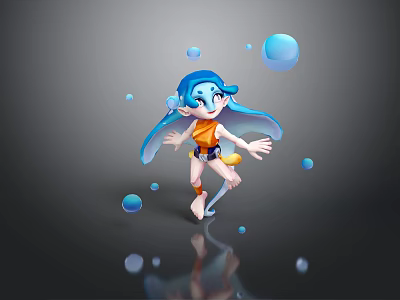 Blue Haired Cartoon Girl In Orange Top Dancing With Floating Blue Bubbles 3d model