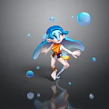 Blue Haired Cartoon Girl In Orange Top Dancing With Floating Blue Bubbles