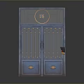 Traditional Blue Wooden Chinese Double Door With Circular Pattern Metal Strips And Brass Fittings
