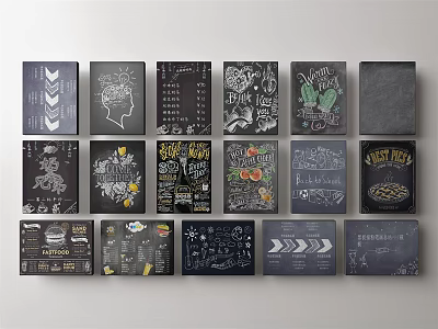 Various Chalkboard Cards With Hand Drawn Illustrations And Diverse Designs 3d model