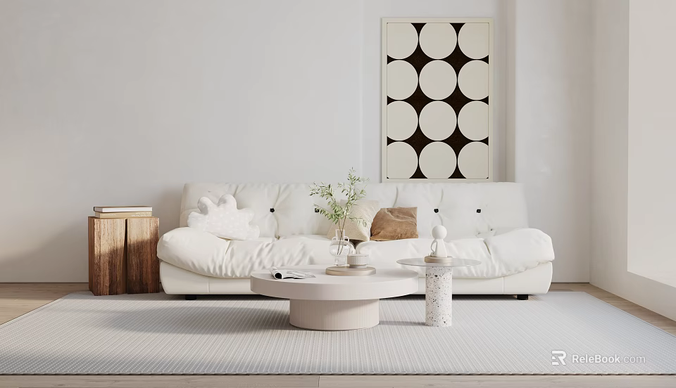 Minimalist White Double Sofa with Decorative Pillows Round Coffee Table Wooden Side Table and Circular Wall Art 3d model 