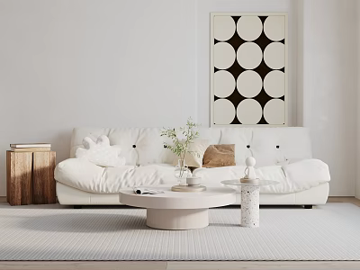 Minimalist White Double Sofa with Decorative Pillows Round Coffee Table Wooden Side Table and Circular Wall Art 3d model