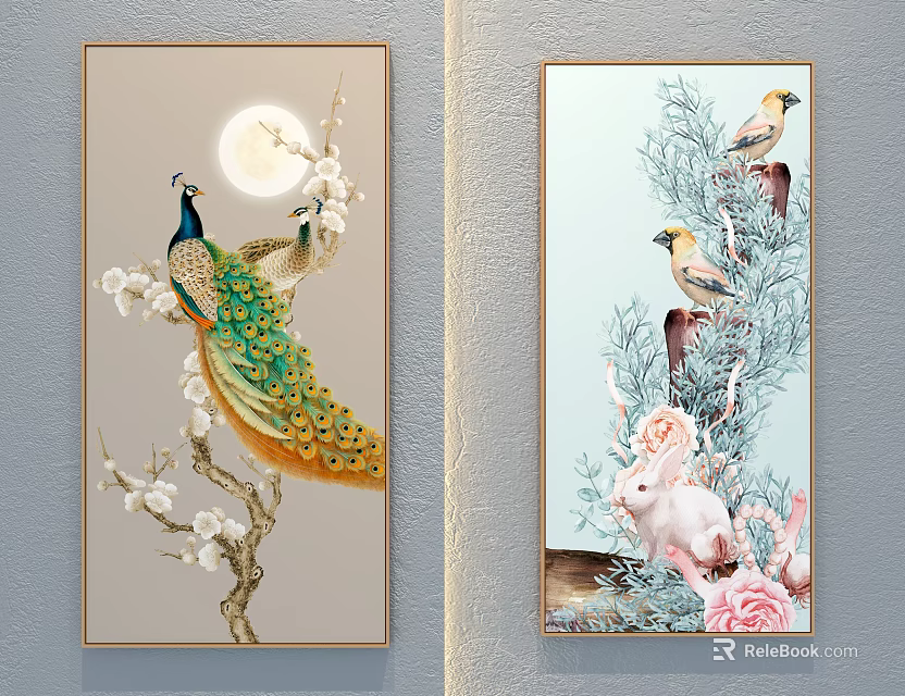Botanical Wall Art Paintings with Peacock Birds Rabbit Flowers and Moon 3d model 