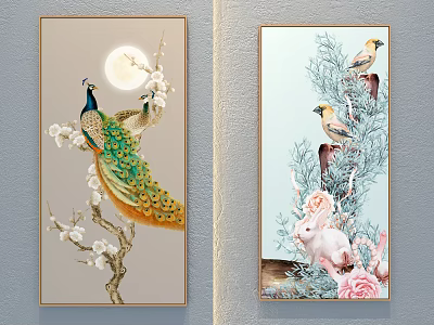 Botanical Wall Art Paintings with Peacock Birds Rabbit Flowers and Moon 3d model