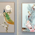 Botanical Wall Art Paintings with Peacock Birds Rabbit Flowers and Moon