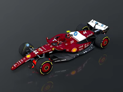Red Formula 1 Racing Car With Shell Logo Number 44 White Body Red Wheels Yellow Rims 3d model