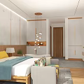 Modern Hotel Room Interior With Comfortable Bed Sofa Chandelier And Green Plants