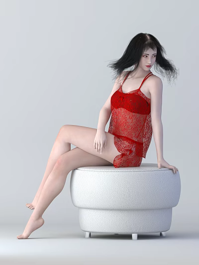 Modern woman sitting round sofa stool beauty 3d model