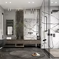 Modern Bathroom Interior With Marble Walls Open Shower Wooden Vanity Large Mirror And Green Plant