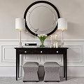 Dining Table Set With Black Table Grey Tufted Stools Lamps White Tulips And Round Mirror