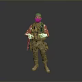 Man Standing in Camouflage Uniform With Tactical Gear Hat Mask and Weapon