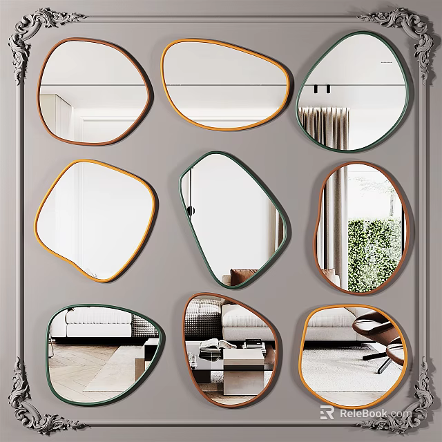 Various Shaped Mirrors Arranged On Wall Reflecting Living Room With Decorative Frames 3d model