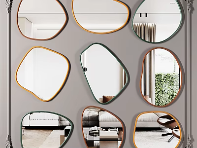 Various Shaped Mirrors Arranged On Wall Reflecting Living Room With Decorative Frames 3d model