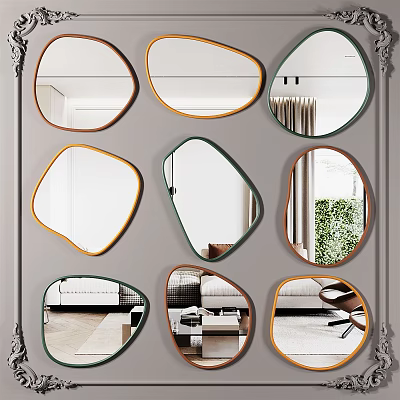 Various Shaped Mirrors Arranged On Wall Reflecting Living Room With Decorative Frames 3d model