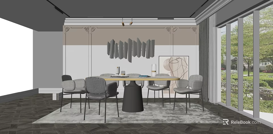 Modern Dining Table Set With Gray Chairs Pendant Lights And Decorative Wall Panels 3d model