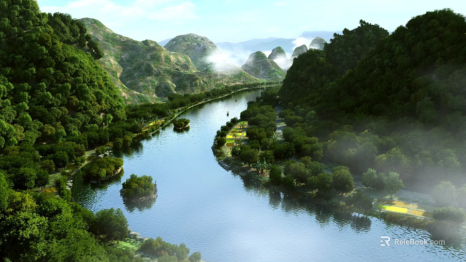 Scenic Mountain River Landscape With Lush Green Trees Mist And Calm Reflections 3d model 