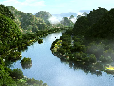 Scenic Mountain River Landscape With Lush Green Trees Mist And Calm Reflections 3d model