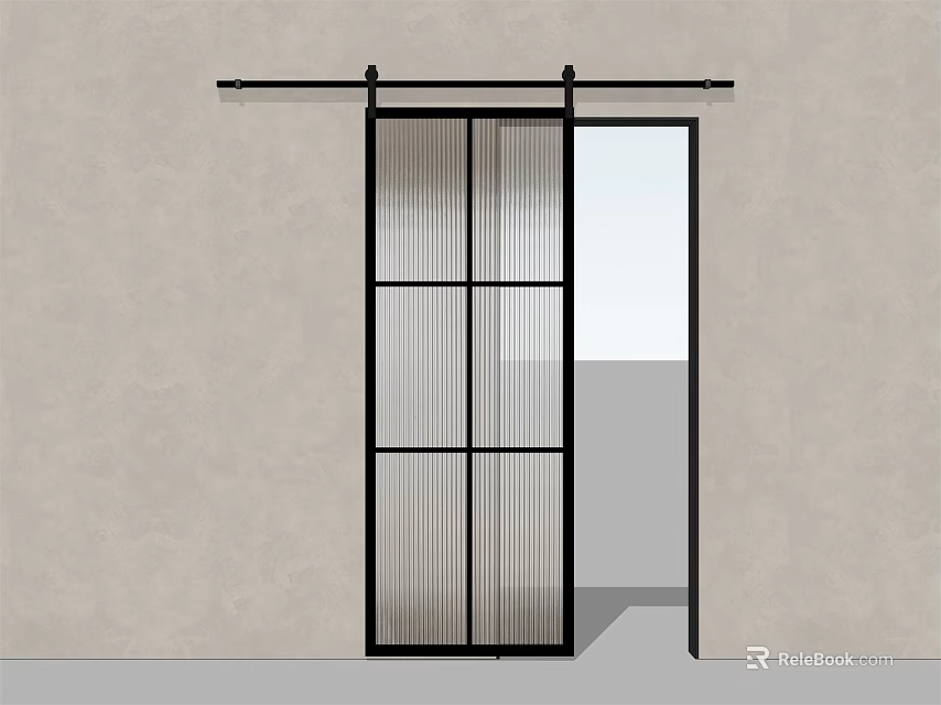 Modern Black Frame Barn Door With Grid Design On Sliding Track Light Colored Wall 3d model