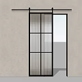 Modern Black Frame Barn Door With Grid Design On Sliding Track Light Colored Wall 3d model