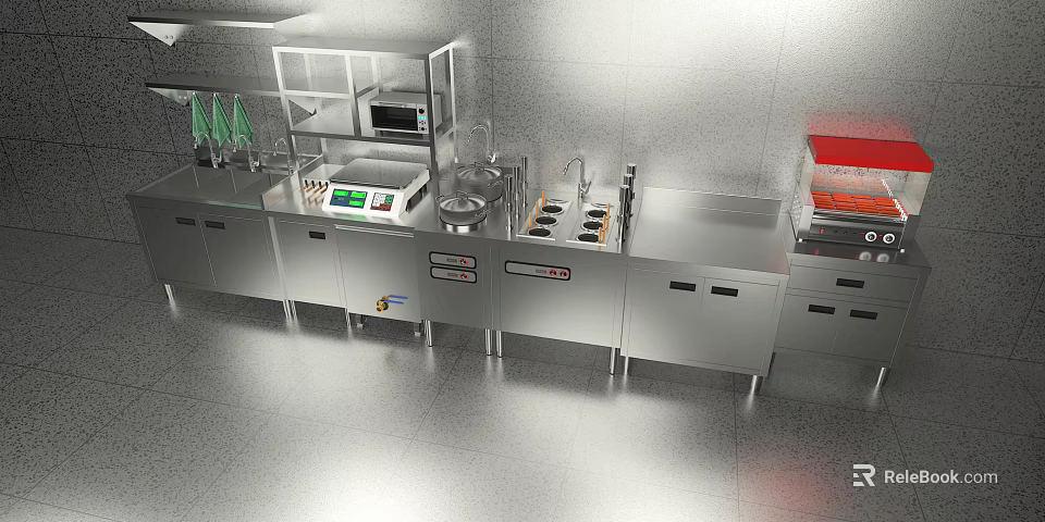 Stainless Steel Display Shelves in Commercial Kitchen with Operating Counter and Storage Cabinets 3d model 