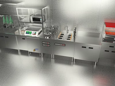Stainless Steel Display Shelves in Commercial Kitchen with Operating Counter and Storage Cabinets 3d model