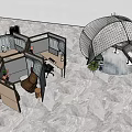 Modern Casual Sofa Set In Lounge Area With Marble Floor Plants And Transparent Umbrella