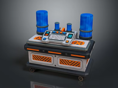 Mobile Sci Fi Control Console With Blue Cylindrical Containers Digital Panel And Orange Hazard Stripes 3d model