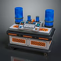 Mobile Sci Fi Control Console With Blue Cylindrical Containers Digital Panel And Orange Hazard Stripes 3d model