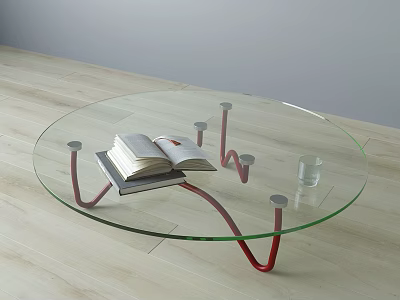 Round Glass Coffee Table With Red Metal Legs Open Book Stack And Glass Cup 3d model