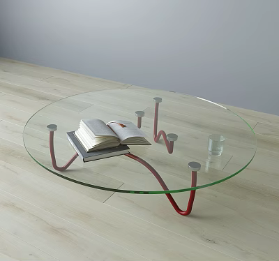 Round Glass Coffee Table With Red Metal Legs Open Book Stack And Glass Cup 3d model