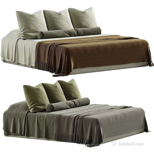 Stylish Double Bed With Light Gray Dark Green Pillows And Brown Gray Cozy Blankets 3d model 