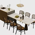 Modern Brown Wicker Back Dining Chairs With Marble Top Dining Table And Pendant Light 3d model