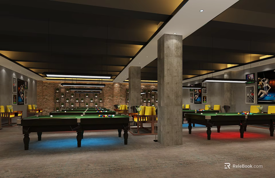 Modern Billiard Room Interior With Multiple Pool Tables Yellow Chairs And Industrial Lighting 3d model 
