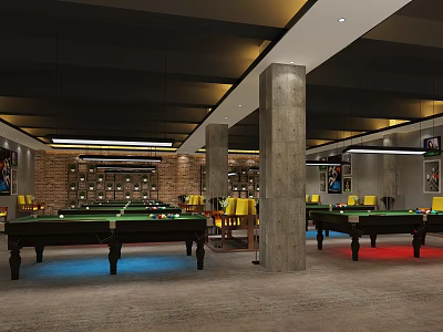 Modern Billiard Room Interior With Multiple Pool Tables Yellow Chairs And Industrial Lighting 3d model