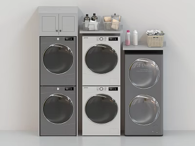 Modern Front Loading Washing Machines With Gray And White Stackable Units And Storage Cabinets 3d model